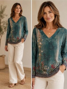 Floral V-Neck Long-Sleeve Top in Teal